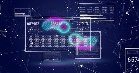 On start teal magenta torus clusters gliding over keyboard, updating panels for data flow view - Powered by Adobe
