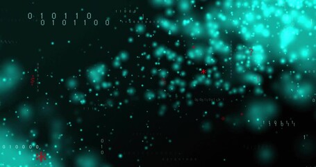 Incoming data feed starting teal cloud drifting, revealing binary and C++ code panels showing flow - Powered by Adobe