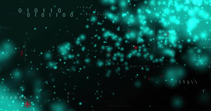 Incoming data feed starting teal cloud drifting, revealing binary and C++ code panels showing flow