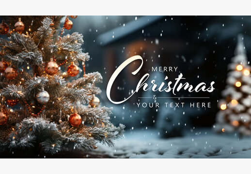 Christmas Card With Tree, Decorations And Snow On Blurry Background Mockup