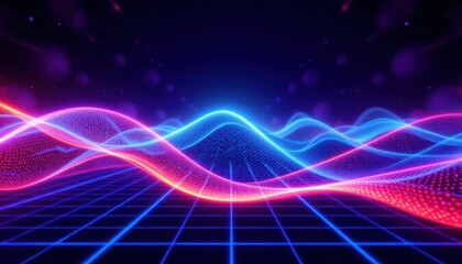 Dynamic Colorful Waves of Light in Abstract Digital Landscape with Neon Glow and Grid Background