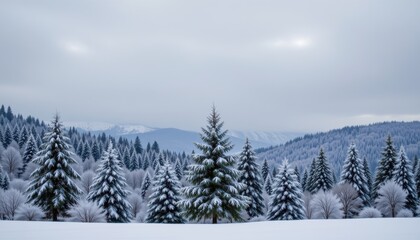 Snowy Evergreen Trees Covering Rolling Hills Under Overcast Sky in a Winter Landscape