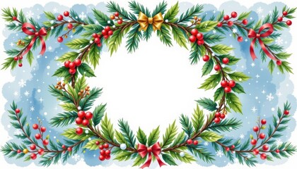 Decorative Holiday Wreath with Berries and Greenery on a Soft Blue Background with Snowflakes