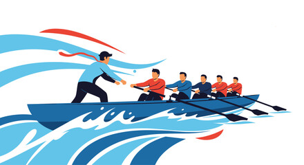 A business team rowing a boat together, symbolizing leadership, collaboration, and achieving common goals in a dynamic and challenging environment.