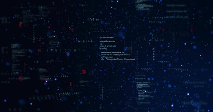 Camera shifting, central column lighting and scrolling, dots drifting, red flags highlighting code
