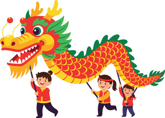 A colorful, flat vector cartoon illustration showing three cheerful children performing a traditional Chinese dragon dance, holding up a long, red and yellow dragon costume.