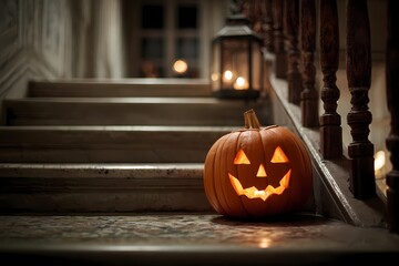 Obraz premium Pumpkin on Rustic Wooden Steps with Warm Candlelight