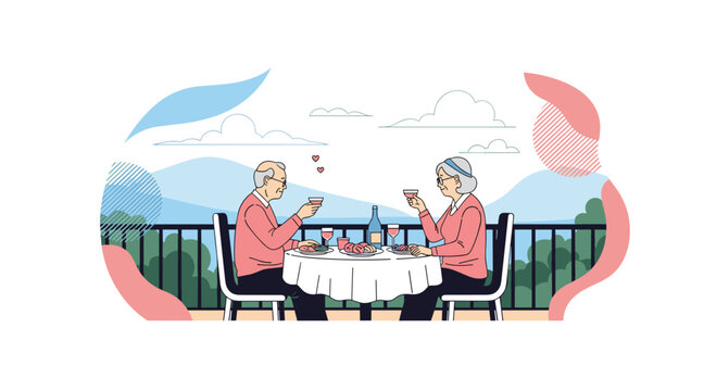 An elderly couple enjoys a romantic dinner on a balcony overlooking a scenic landscape, toasting with wine glasses and sharing a loving moment.