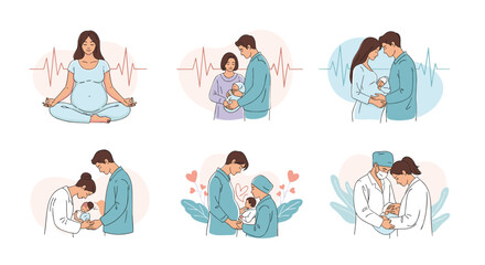 Illustrative set of images depicting various stages of pregnancy, childbirth, and parenthood, showcasing the journey from prenatal wellness to newborn care and family bonding.