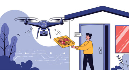 A drone delivers a pizza to a person standing at a doorway, symbolizing fast food delivery.