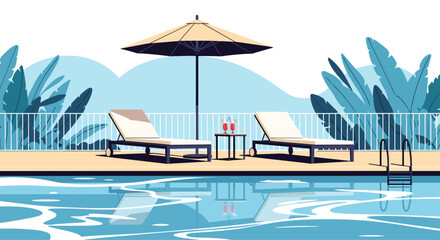 Fototapeta premium Relaxing poolside scene with lounge chairs, umbrella, drinks, and refreshing water with reflections.