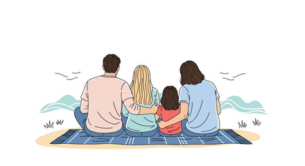A family of four sits on a picnic blanket, enjoying a scenic view of the ocean and sky.