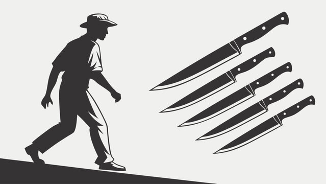 Man Walking Uphill Facing Sharp Knives. Overcoming Business Challenges, Competitive Risks, and Adversity.