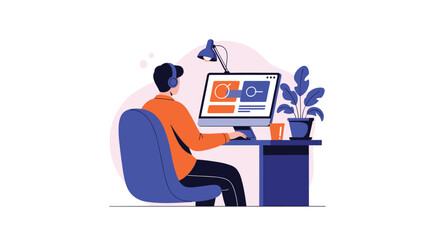 A focused young professional works at a desk with a computer, headphones, and a plant, illustrating modern remote work and digital lifestyle concepts.