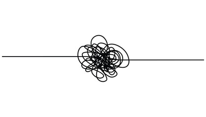 Black scribbled tangle on a horizontal line against a white background chaos confusion