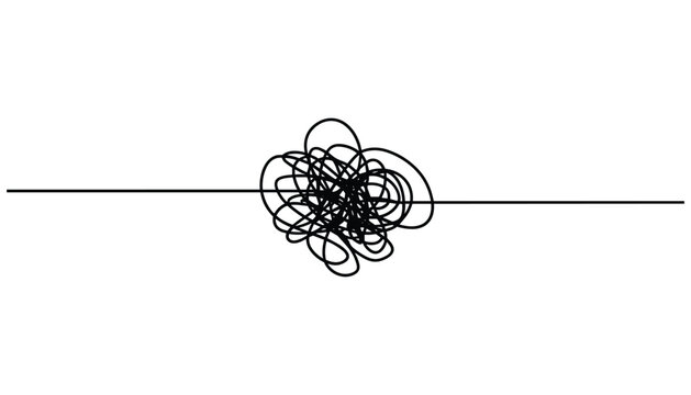 Black scribbled tangle on a horizontal line against a white background chaos confusion