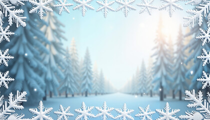 Snowy forest path with decorative snowflake border, serene winter landscape at sunrise