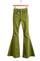 Retro fashioned avocado green flared pants hanging on white background