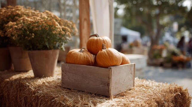 Wooden crate filled with small pumpkins on top of a pile of hay bales. the pumpkins are orange in color and appear to be freshly picked. - Powered by Adobe