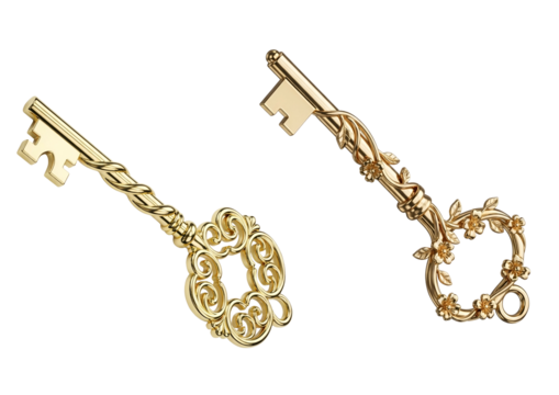 Two golden keys isolated on transparent background