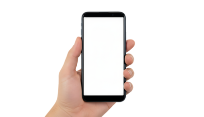 Hand holding a modern smartphone with blank screen on black background