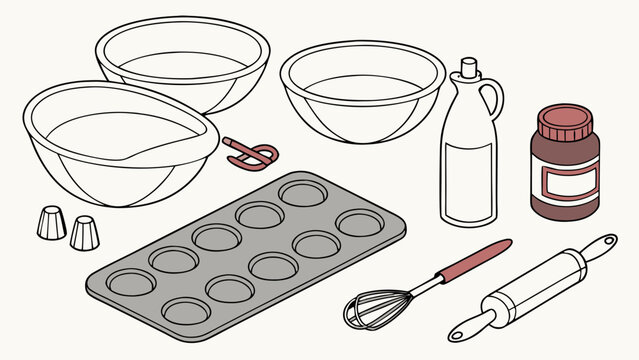 Isometric Baking Ingredients and Tools for Homemade Muffins. Kitchen Prep for Delicious Dessert Recipes, Home Cooking, Food Blogs.