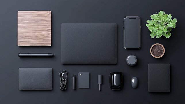 A flat lay of modern desk accessories including a laptop, smartphone, stylus, mouse, and a small potted plant.