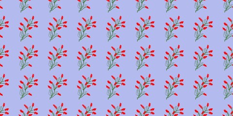 A seamless floral pattern featuring red blossoms and green leaves on a soft blue background, perfect for textiles, stationery, wallpapers, and elegant decorative designs.