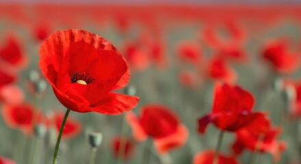 Vibrant red poppies sway gently in a sundrenched field, their delicate petals dancing in the breeze, creating a mesmerizing tapestry of color and movement against a blurred backdrop of green and gold