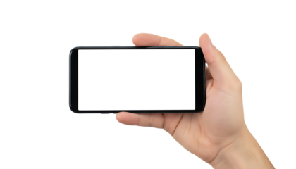 Hand holding a blank smartphone on a black background for mockup