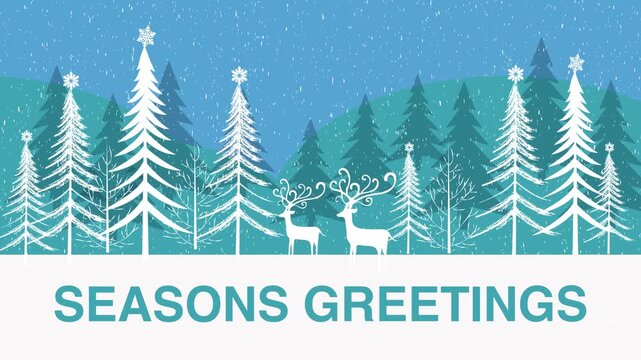 Flat design winter holiday animation with falling snow, trees, and deer. Ideal for festive backgrounds or seasonal titles.