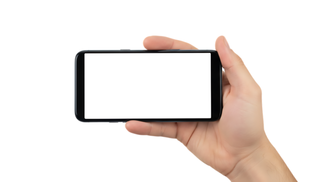 Hand holding a blank smartphone on a black background for mockup