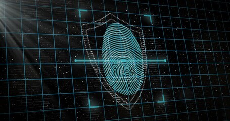Scan pulse initiating, cyan fingerprint filling, glowing, dotted shield forming, securing access - Powered by Adobe