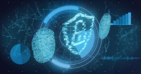 Particles sweeping, tracing shield, rotating scan ring, shield pulsing, prints shifting, verifying - Powered by Adobe