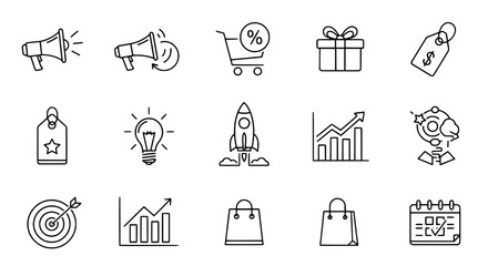 Hand-drawn outline style digital marketing business concept icons collection on a clean white background ideal for web and app design