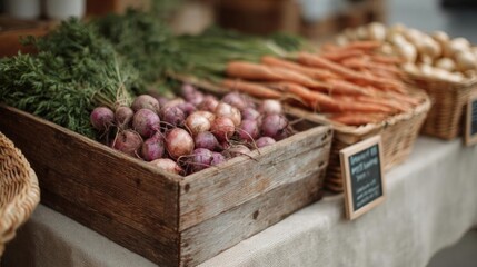 Wooden crate filled with fresh vegetables on a table. the crate is made of light-colored wood and has a rustic, weathered look.