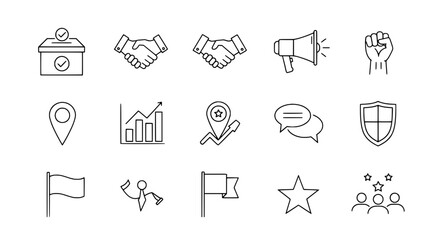Diverse black and white minimalist vector line icons illustrating core concepts arranged in a clean white background grid ideal for web and app design