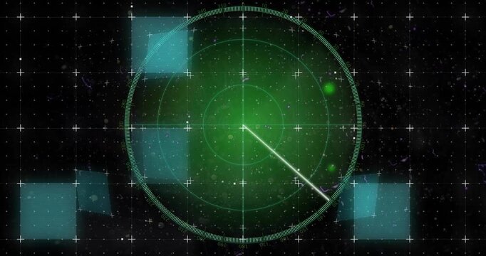 Green radar sweep rotating on start, blip appearing, cyan squares shifting, simulating scan