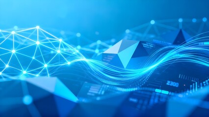Blue Digital Network Wave with Data Connections and Futuristic Grid