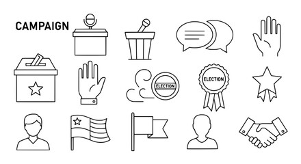 Political campaign election outline icon collection illustrating democracy governance essential vector elements on an isolated graphic set with a clean white background