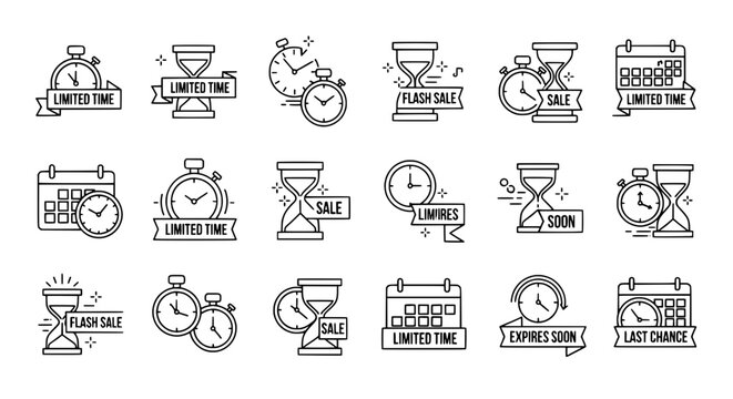 Outline style diverse collection of icons depicting time related concepts promoting urgency and limited offers for sales and marketing promotions