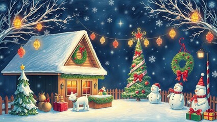 A painting of a house with a christmas tree and snowmen in front of it