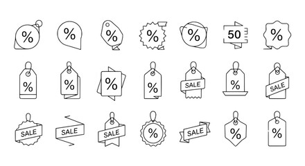 A collection of diverse outline discount and sale icons displaying percentage symbols and text on a clean white background suitable for digital graphic resources