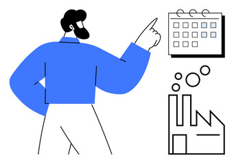 Man pointing at a calendar alongside a factory icon with smoke stacks and bubbles. Ideal for scheduling, productivity, manufacturing, industry, planning, organization, efficiency. Simple flat