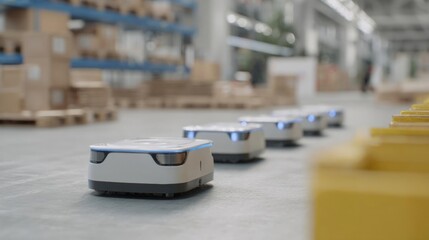 Obraz premium Row of robots in a warehouse. the robots are white and blue in color and are arranged in a neat line on the floor. they appear to be robots with a sleek and modern design.