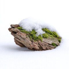 Winter nature element: tree bark with snow and moss on white background for seasonal design and decoration concepts