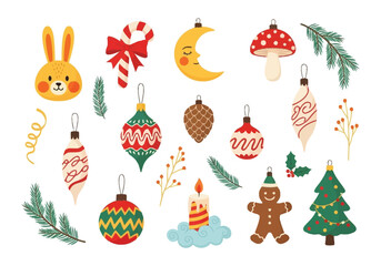 Festive Holiday Ornaments Collection Christmas Tree Decorations Gingerbread Man Candy Cane Moon Bunny Pinecone Mushroom Candle Holly Berries Pine Branches Winter Celebration Vector Elements