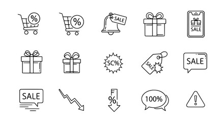 Essential digital marketing line icon collection presenting e-commerce sales offers and shopping activities for web development on a plain white surface