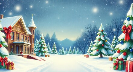 A snowy landscape with a house and christmas trees in the snow