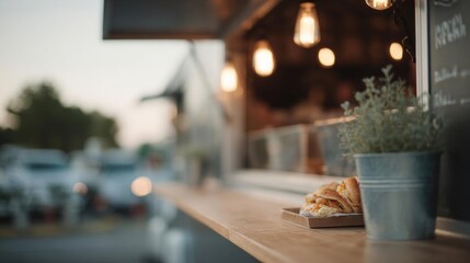 Close-up of a wooden countertop with a potted plant on it. on the countertop, there is a tray with a sandwich and a small potted succulent plant.